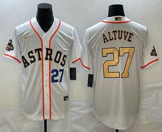 Men%27s Houston Astros #27 Jose Altuve Number 2023 White Gold World Serise Champions Patch Cool Base Stitched Jersey->houston astros->MLB Jersey